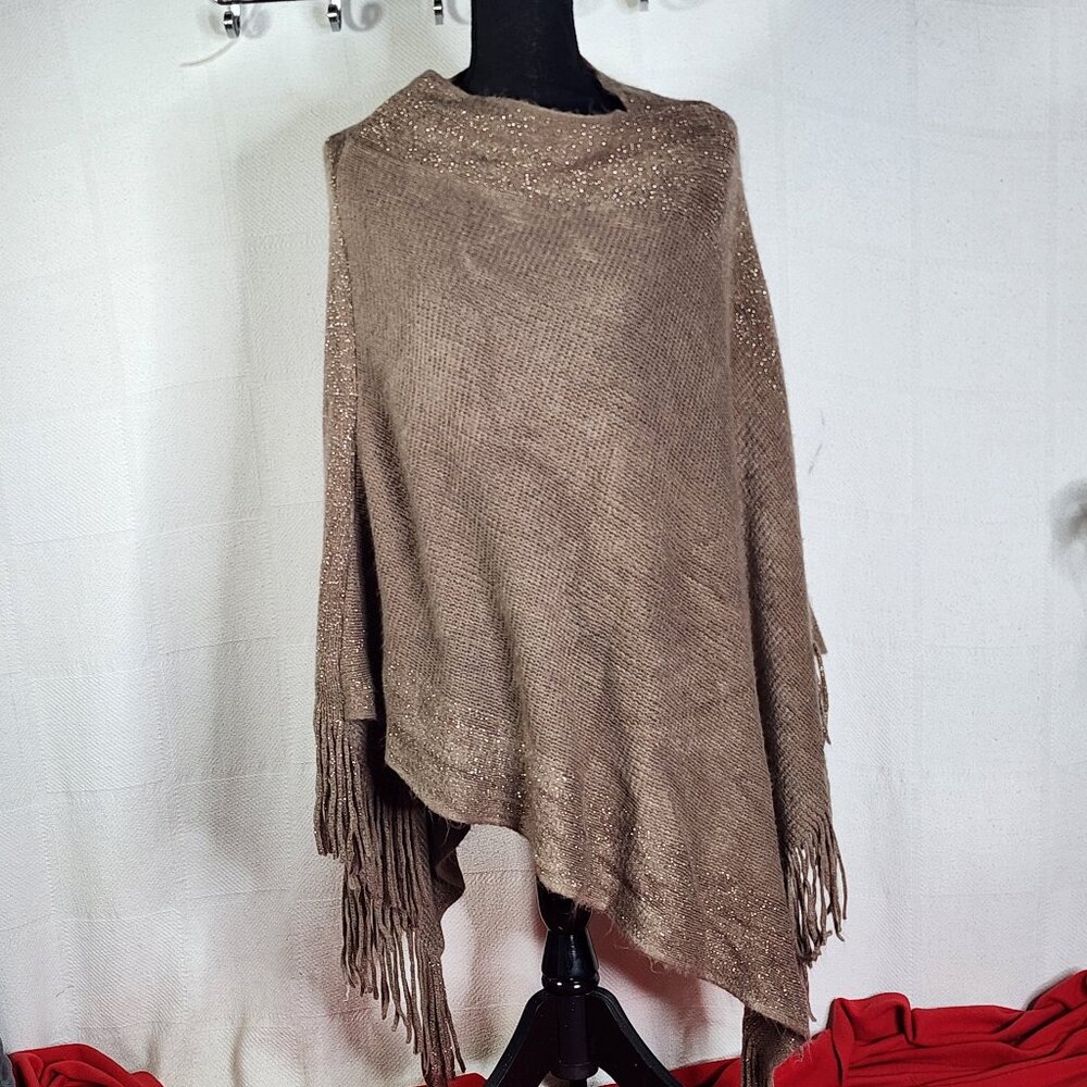 Unbranded Womens Dark Tan with Gold Metallic Trim Acrylic Sweater Poncho OSFM - Picture 1 of 16